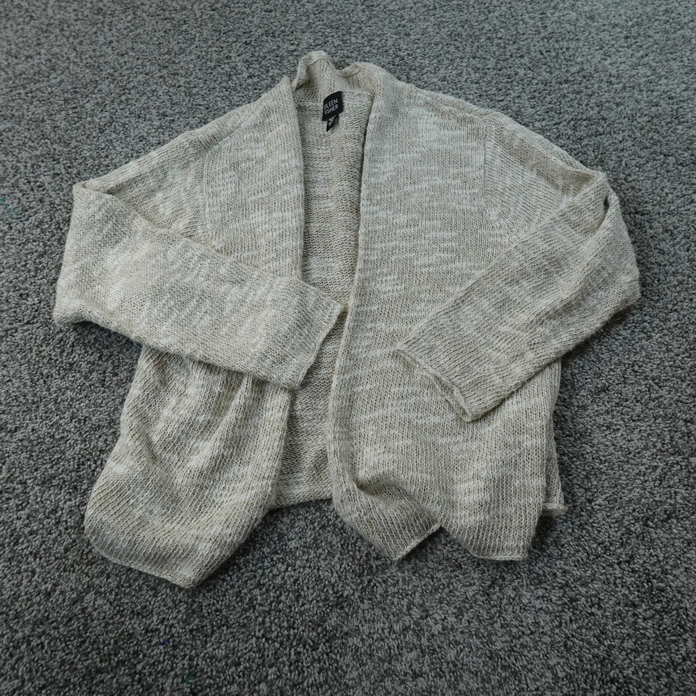 Eileen Fisher Cardigan Womens M Beige Linen Cotton Silk Open Front Knit Sweater